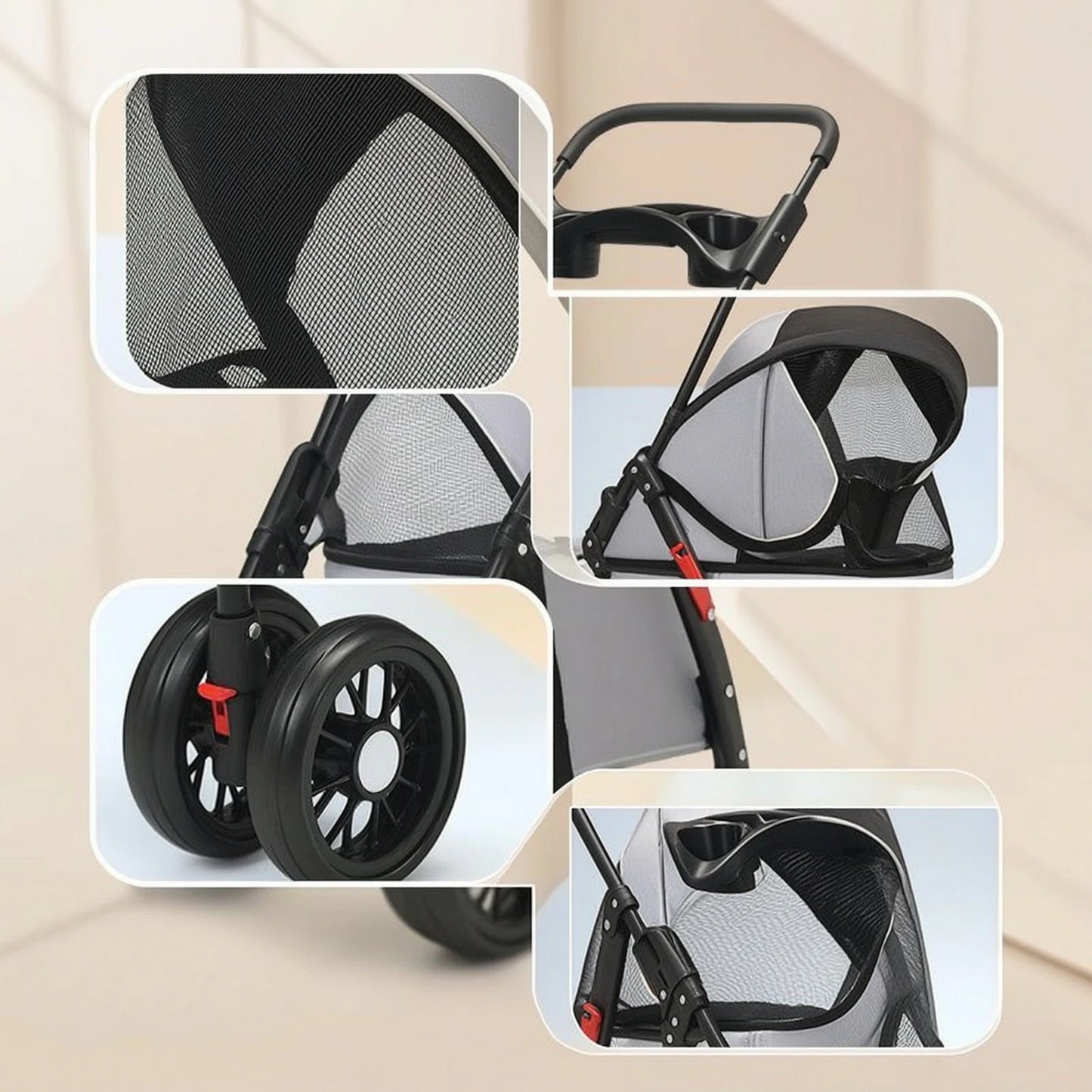 Pet Stroller with Storage Basket 4-Wheel Foldable Pet Stroller Collapsible Breathable for Small Dogs, Outdoor Walks, Travel