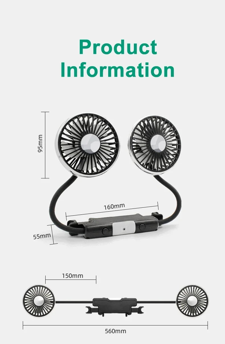 EAFC Car USB Fan Dual Head Cooling Air Fan Independent Switch 3-Speed 360 Degree Adjustable Auto Fan Car Electrical Appliances