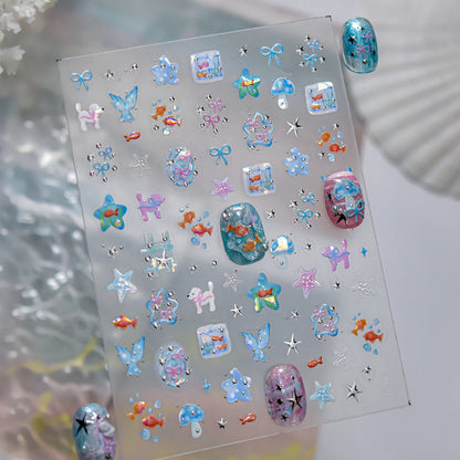 5D Starfish Fish Tail Small Fish Blue Bow Shell Silver Glitter Star Nail Art Stickers Ocean Fantasy Summer Nail Decals Manicure