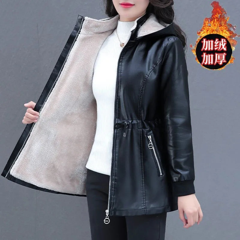 Winter Coat New Fashion Soft Leather Clothes Women's Long Sheep Leather Jacket Plus Velvet Padded Warm Coat