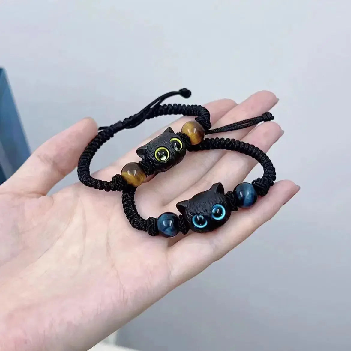Cute Cat Couple Bracelet Imitation Wood Crystal Braided Children Bracelet Fashion Jewelry Trendy Accessories