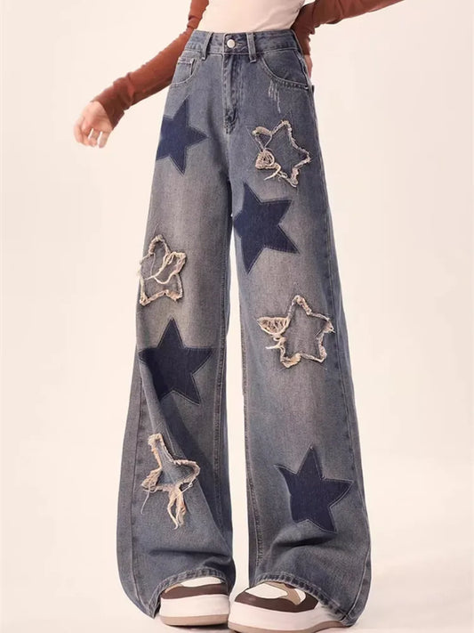 2023 Korean Y2K Fashion Star Embroidery Baggy Stacked Jeans Pants For Women Clothes High Waist Straight Vintage Lady Trousers