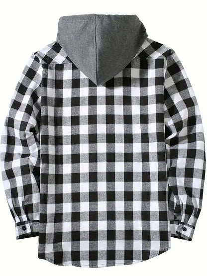 Youth Fashion Street Hooded Plaid Shirt Men's Slim Fit Long Sleeved Shirt Couple Travel Casual Shirt Men's Sports Shirt Jacket