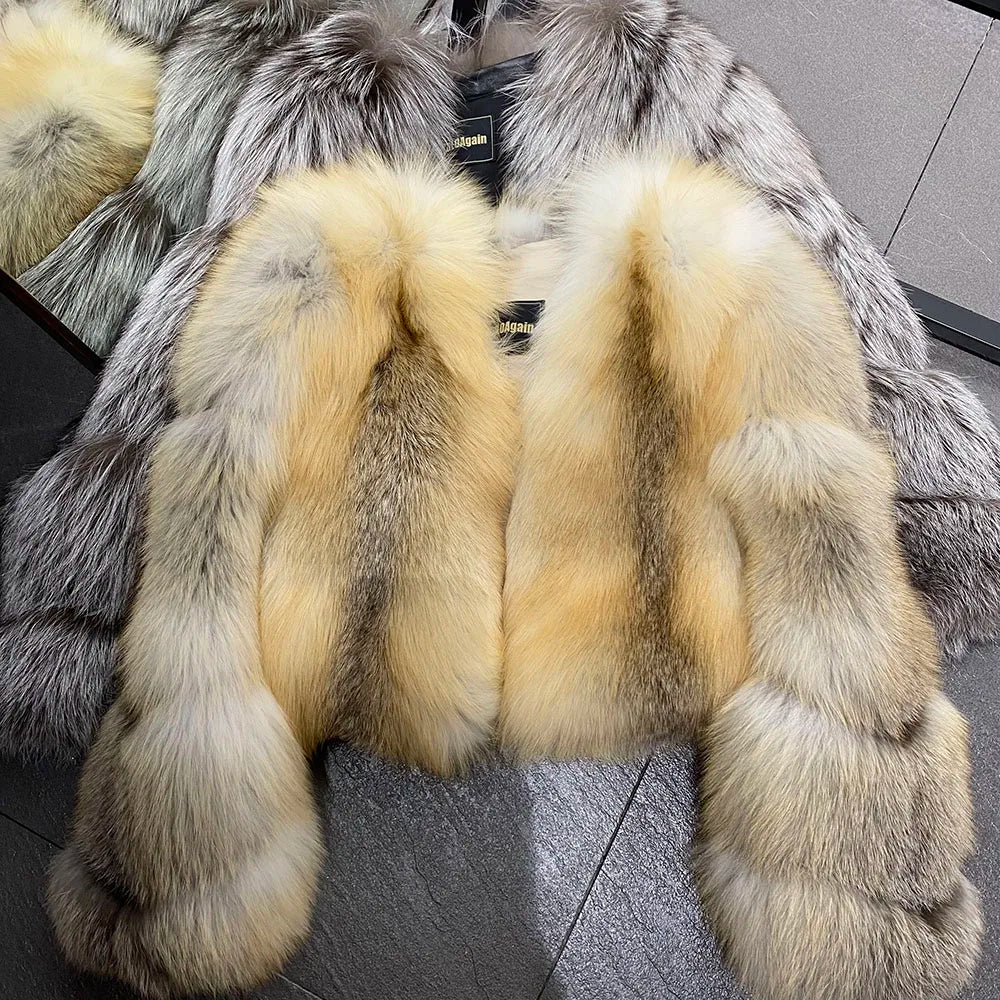YOLOAgain Women's Natural Fox Fur Jacket 2025 Winter Warm Luxury Real Fox Fur Coat