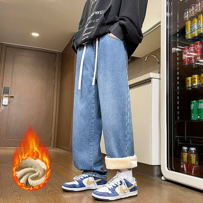 Men's Thicke Fleece Straight Jeans Winter Velvet Thermal Nostalgia Washing Denim Pants Streetwear Elastic Waist Loose Trousers