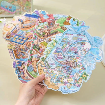 20 Sheets/pack Cute Style Stacked Miniature Scene 3D Cabin Quiet Book Sticker Book Foggy Town Series