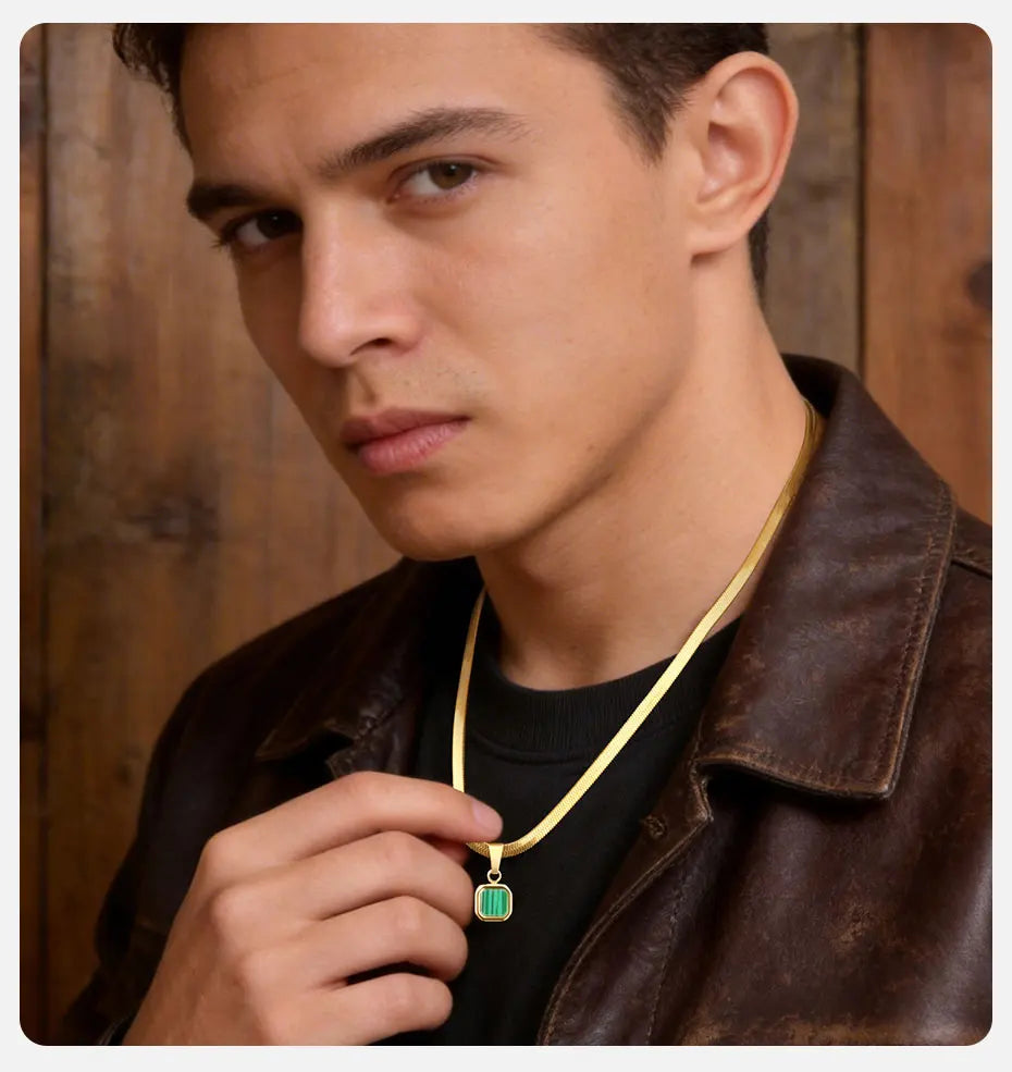 Vnox Geometric Square Natural Stone Pendant Necklace for Men, Gold Silver Color Stainless Steel Blade Chain, Trendy Jewelry Gift