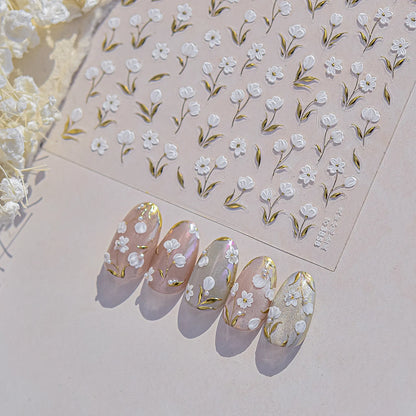 Gold Leaf White Flower Bouquet Floral Petal Tulip Bloom Charming Retro Metal Self Adhesive 5D Nail Art Sticker Manicure Decals