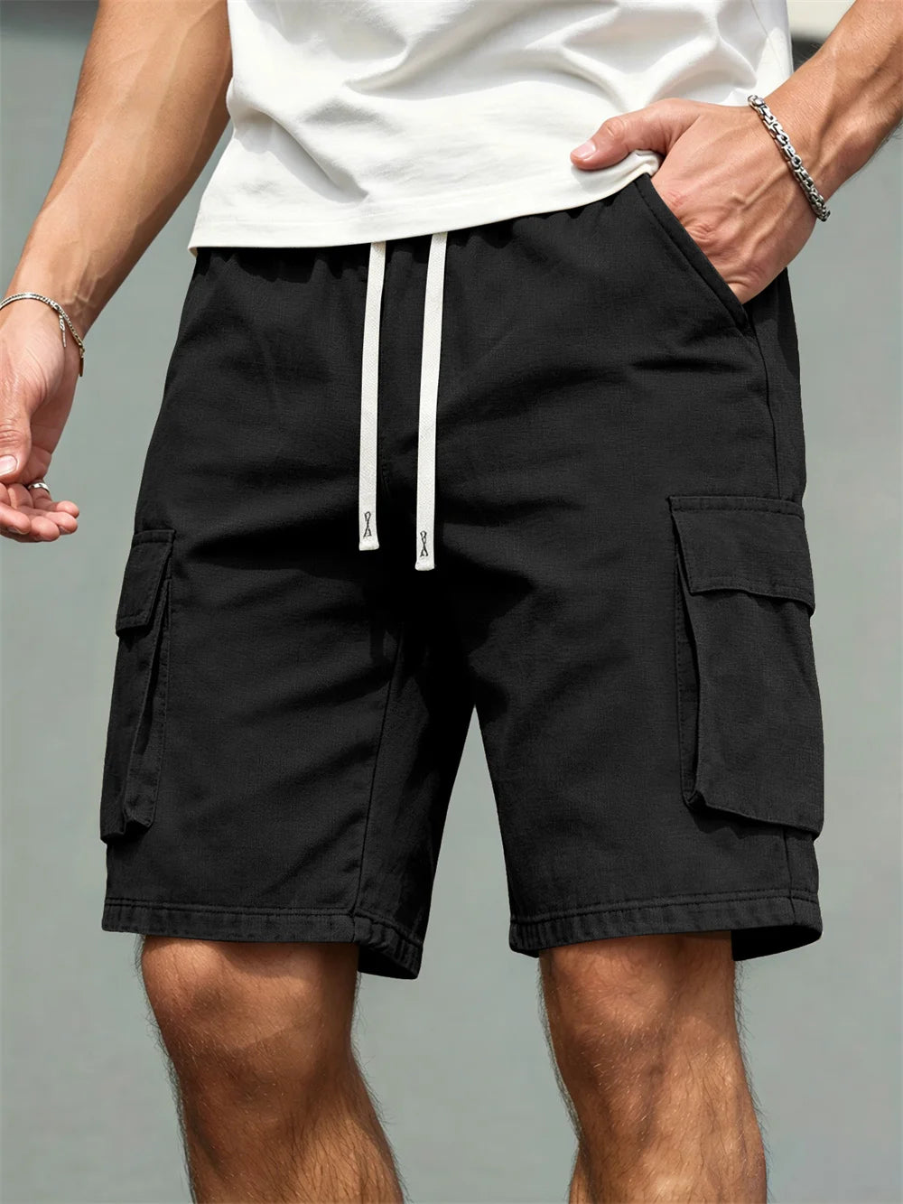 2026 Men's loose linen straight-leg pants, casual multi-pocket work shorts, high-end men's shorts, drawstring daily work shorts
