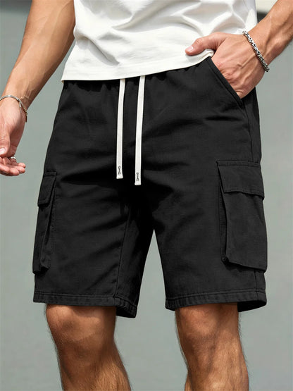 2026 Men's loose linen straight-leg pants, casual multi-pocket work shorts, high-end men's shorts, drawstring daily work shorts