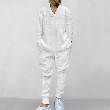 2025 Cross-border New Men's Casual Trousers V-Neck Versatile Jacquard Knitted Sweater Set