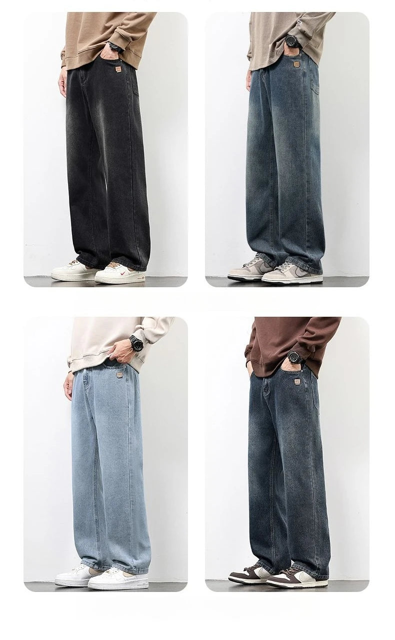 Spring Autumn New Men's Straight Vintage Fit Jeans Casual Trousers High Quality Male Korean Fashion Baggy Wide Leg Denim Pants