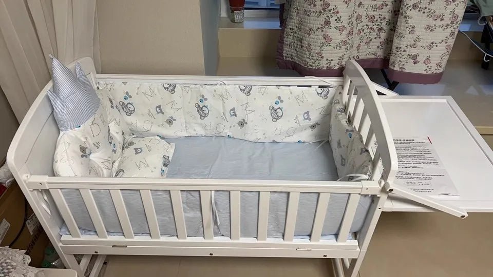 Wood Baby Crib With Mosquito Net And Diaper Table Convert To Kids Bed, Bedding Set, Baby Cot, Bed, Rocker Mattress