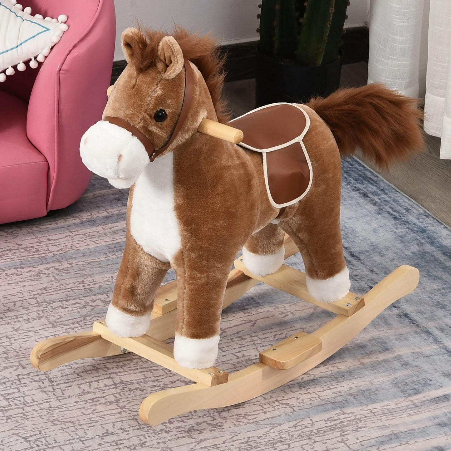 Children's Rocking Horse, Comfortable and Soft, Short Plush, Poplar, Brown, 65 L X 32.5 L X 61 H cm, Children's Rocking Horse, Toy Rocking Horse, Riding Rocking Horse, Children's Toy Rocking Horse