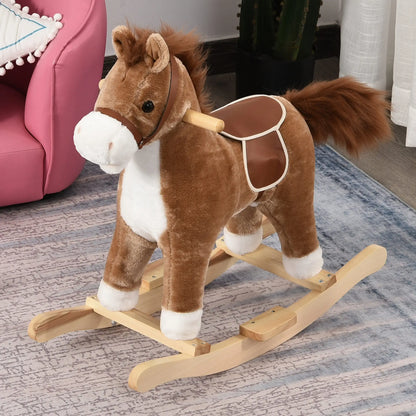 Children's Rocking Horse, Comfortable and Soft, Short Plush, Poplar, Brown, 65 L X 32.5 L X 61 H cm, Children's Rocking Horse, Toy Rocking Horse, Riding Rocking Horse, Children's Toy Rocking Horse