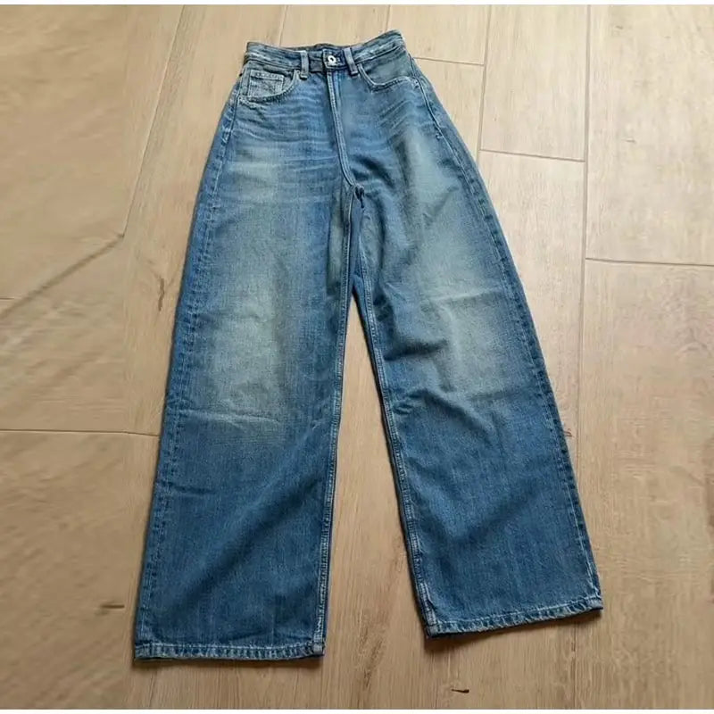 Female Vintage Leather Pocket Jeans Women Blue Zipper Straight Loose Trousers Lady New Fashion Daily Casual Spring Pants 2026