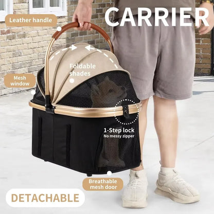 Pet Stroller 3 In 1 Foldable 4 Wheel For Small Medium Pets 50lbs Capacity Detachable Portable Travel Carrier With Storage