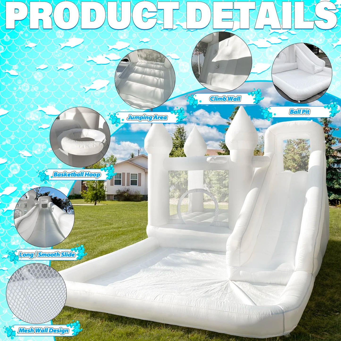 Commercial Grade White Inflatable Bounce House with Slide and Splash Pool, PVC Wet Dry Bouncy Castle for Wedding Party Rental