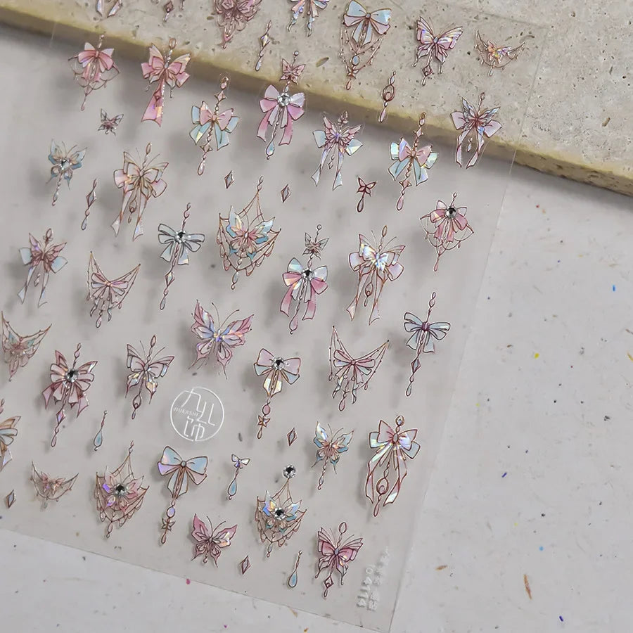 Shiny Jelly Butterfly Charming Golden Gradient Bowknot 5D Self Adhesive Nail Art Sticker Flower Petal Rhinestone Manicure Decals