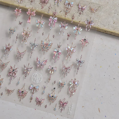Shiny Jelly Butterfly Charming Golden Gradient Bowknot 5D Self Adhesive Nail Art Sticker Flower Petal Rhinestone Manicure Decals