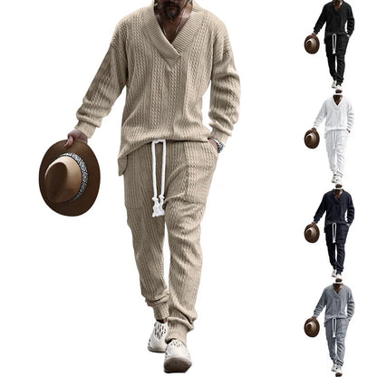 2025 Cross-border New Men's Casual Trousers V-Neck Versatile Jacquard Knitted Sweater Set