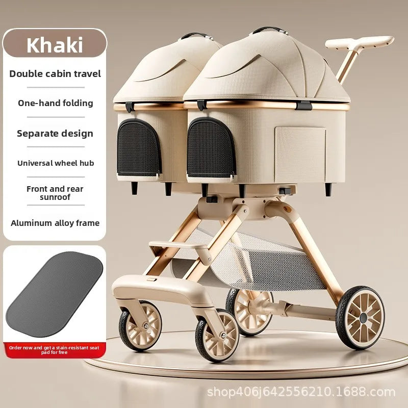 Twin Pet Cart Double Cabin Walking Pet Artifact Cat and Dog Outdoor Small and Medium Lightweight Foldable Double Layer Cart