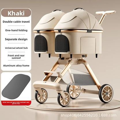 Twin Pet Cart Double Cabin Walking Pet Artifact Cat and Dog Outdoor Small and Medium Lightweight Foldable Double Layer Cart