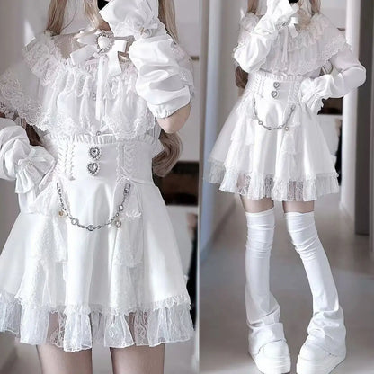 Japanese Sweet Lolita Style Mini Skirt Women Retro Elegant Lace Bandage Party Cake Skirts Female Gothic Y2k Metal Buckle Skirts