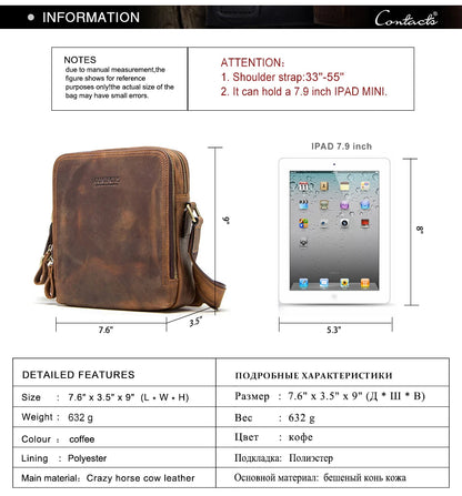 CONTACT'S Genuine Leather Men's Messenger Bag Vintage Sling Shoulder Bags for 7.9" iPad Mini High Quality Male Crossbody Bag Men