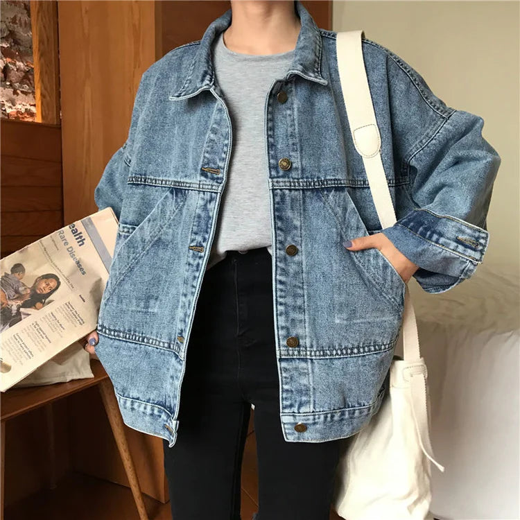 Denim Jacket Women's Spring Autumn New High Street Jeans Coat Oversize Loose Basic Jackets Simple Versatile Lapel Outerwear