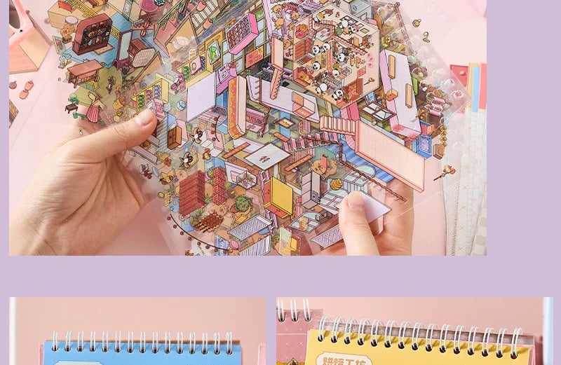 3D Diorama Sticker Book 20 Pages Mini Scene Cute Cartoon Animal Ghosts Theme DIY Scrapbook Toy Fun Stress Relief Kids Adult Gift
