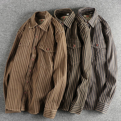 2025 Autumn And Winter New American Retro Stripe Long-Sleeve Lapel Shirt Men's Simple Fashion Washed Multi-pocket Casual Blouses