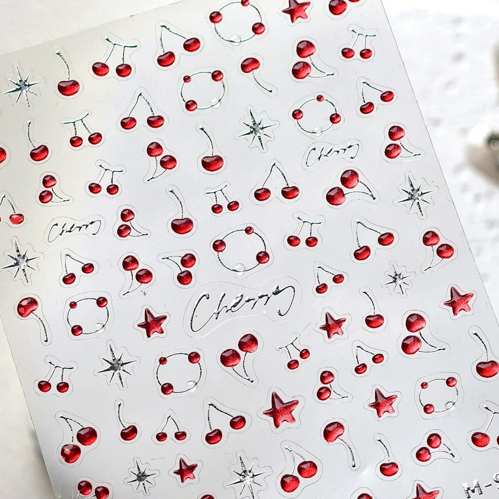 Juicy Red Jelly Tomato Nail Art Sticker Cute Bowknot Glitter Star Kawaii 5D Fruit Self Adhesive Nail Art Decals for Summer DIY