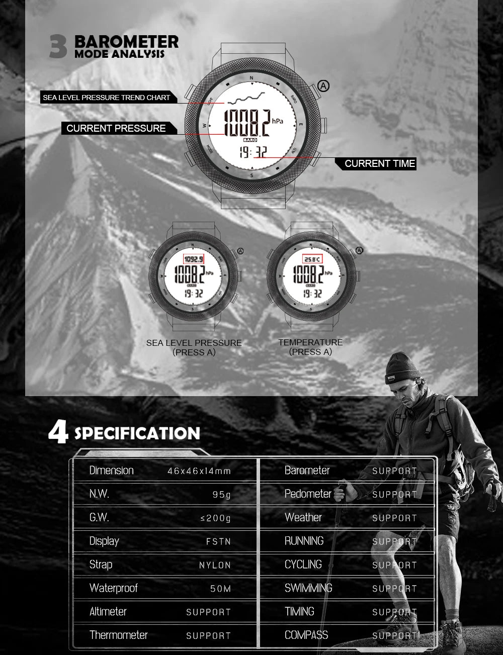 NORTH EDGE APACHE-46 Men Digital Watch Outdoor Sports Running Swimming Outdoor Sport Watches Altimeter Barometer Compass WR50M