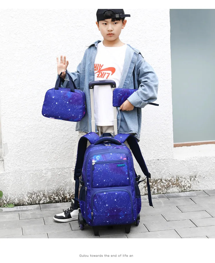 School Bag Kids Rolling Backpack for Boy Wheeled Backpack School Bag With Wheels Trolley Bookbag Carry on Luggage with Lunch Bag