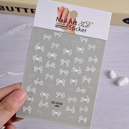 1pcs 5D White Lace Bowknot Nail Art Sticker Sweet Pearl  Bow Ribbon Self-Adhesive Nail Slider DIY Luxury Nail Decorations Decals
