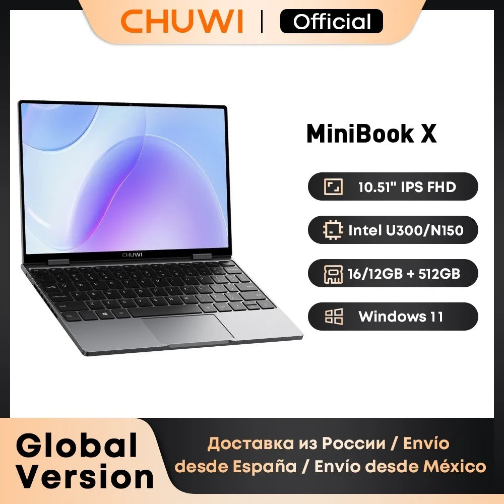 CHUWI MiniBook X Laptop Tablet PC 2 In 1 16GB 512G SSD Intel U300/N150 10.51 Inch FHD IPS Screen 1920*1200 Windows 11 Notebook