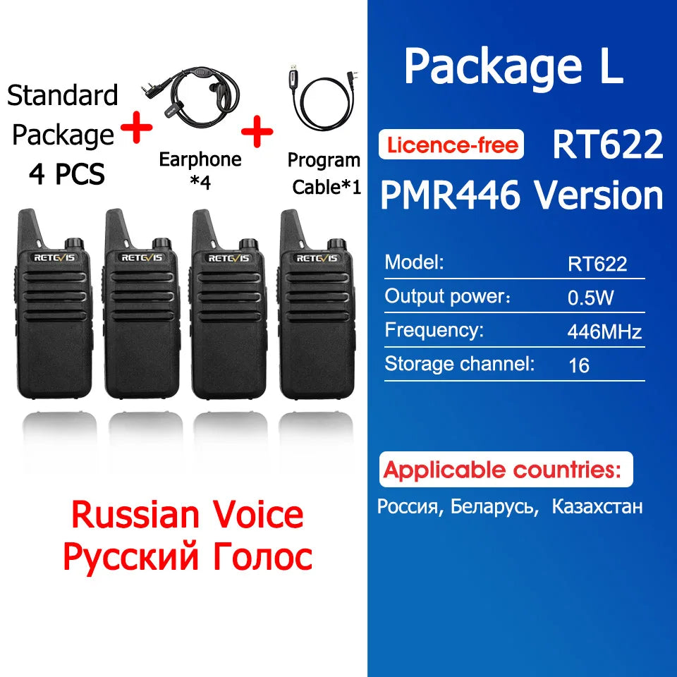 Retevis RT622 Mini Walkie Talkie 4 Pcs Walkie-talkies PMR446 FRS Portable Two Way Radio Communication Radio for Restaurant Hotel