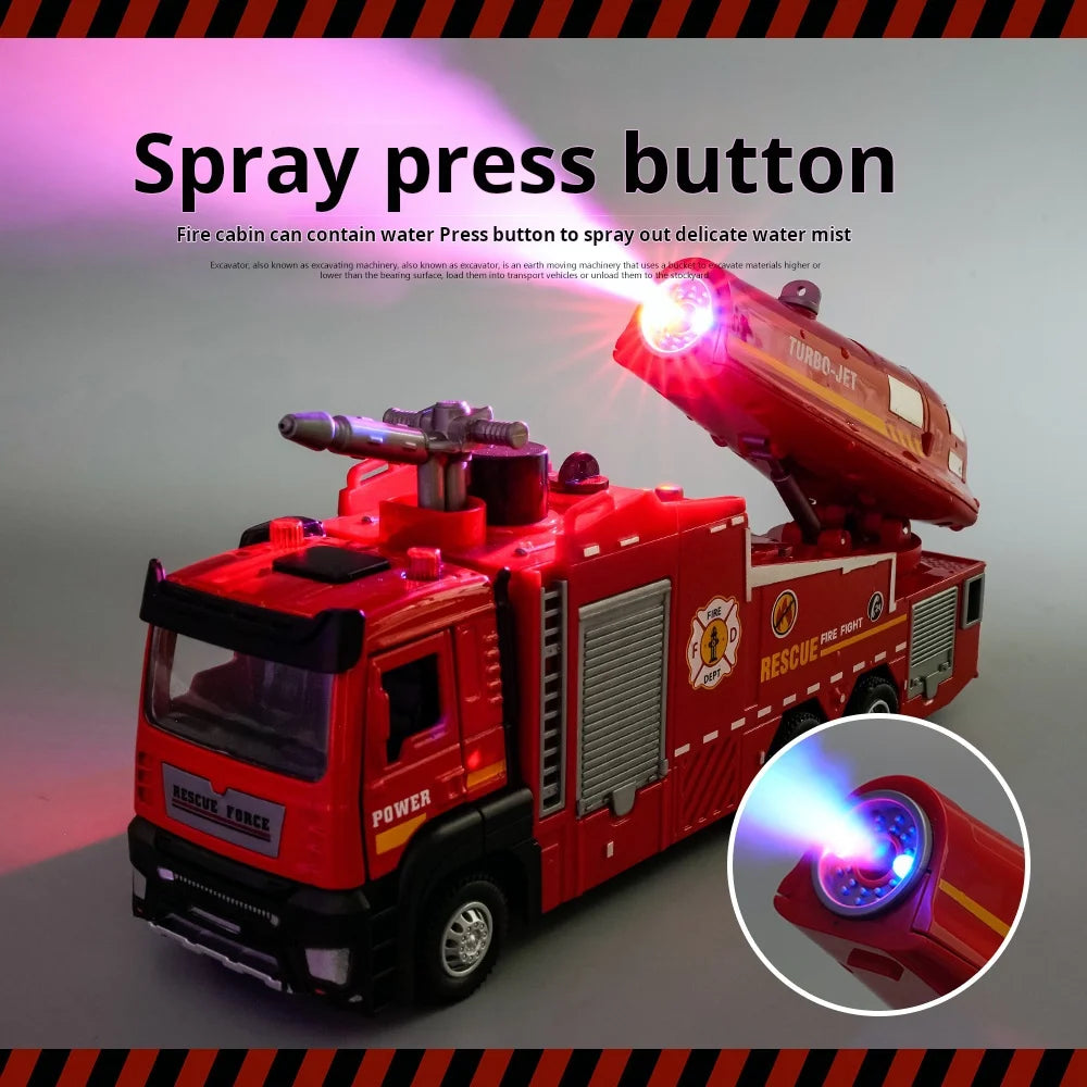 New Alloy Fire Truck Toy Large Size for Boys Water Spray & Smoke Exhaust Function Kids Ladder Rescue Vehicle Model Pull Back