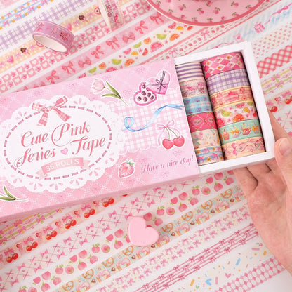 36 Rolls Pink Washi Tape Set Cute Butterfly Gingham Cherry Dessert Pattern Decorative Masking Tapes For Scrapbooking Journaling