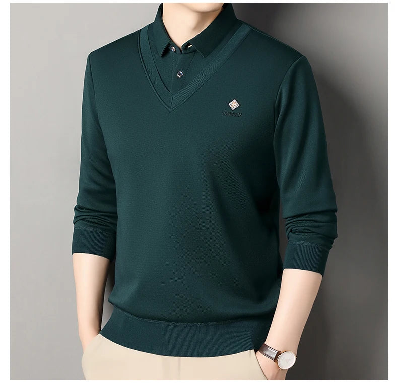 Men's Fleece Lined Sweater Polo Collar Pullover Tops Fashion Business Causal Pullovers Korean Slim Fit Thick Winter Clothes