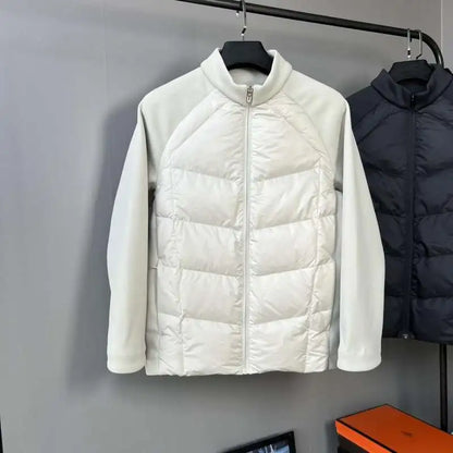 90 white duck down three-proof fabric men's down jacket, stand-up collar knitted patchwork sports outdoor winter coat