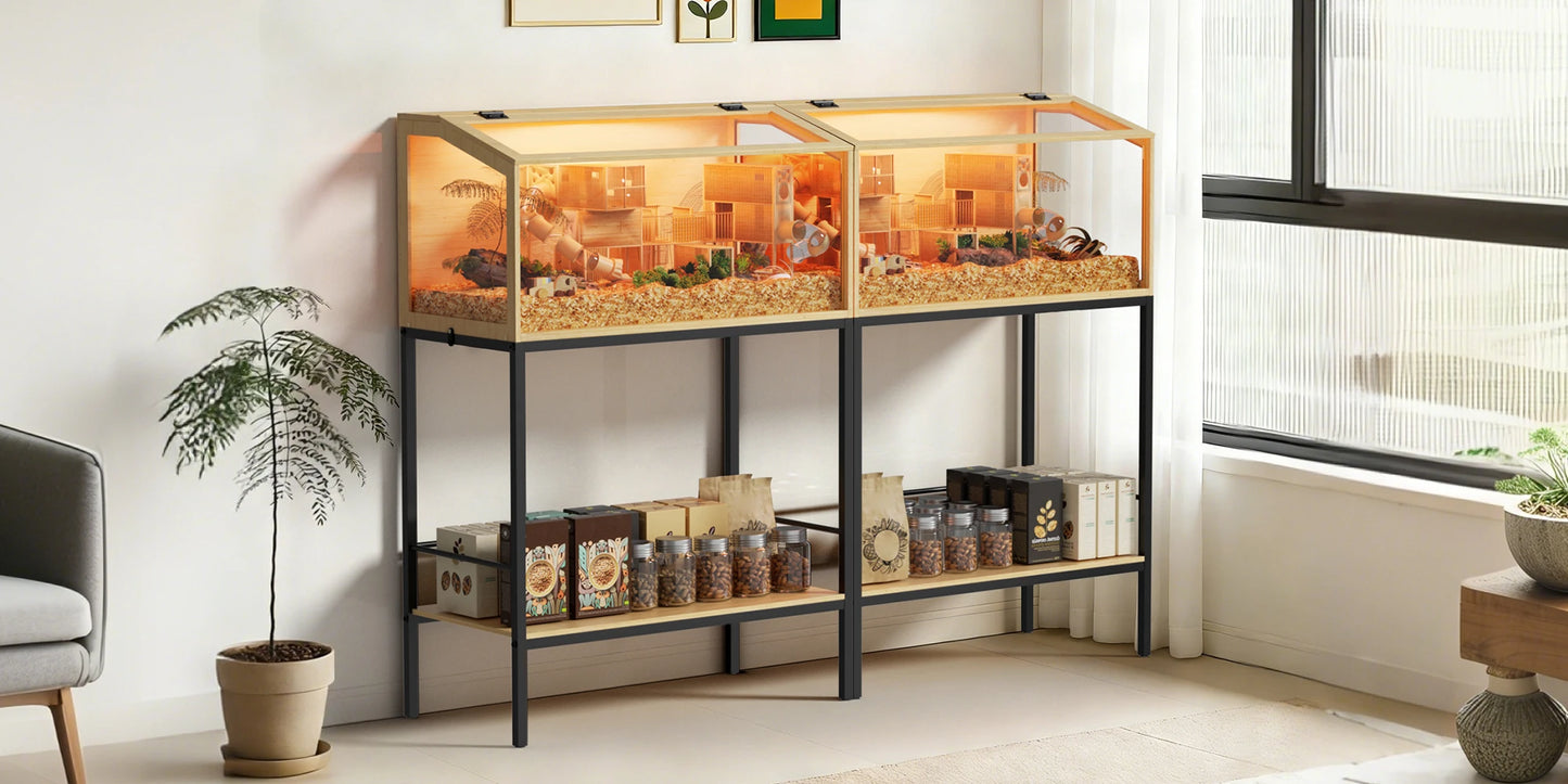Large Wooden Hamster Cage Clear Tempered Glass Pet Small Animal Habitat Cage Playful Hutch House