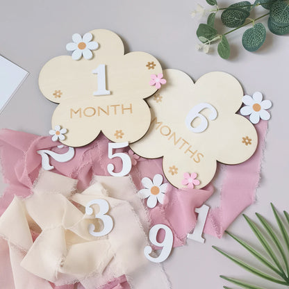 Wooden Flower Milestone Card Set, Wooden Milestone Birth Signs, Photography Milestone Cards, Growth Cards from 1 Month to 1 Year, Pregnancy Journey Milestone Photo Props, Christmas, New Year Gifts