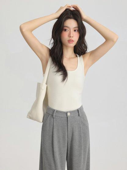 Spring Women U-Neck Knit Tank Top Cashmere-Like Fabric Elastic Slim Fit Sleeveless Camisole Solid Color Base Layer Stylish Vest