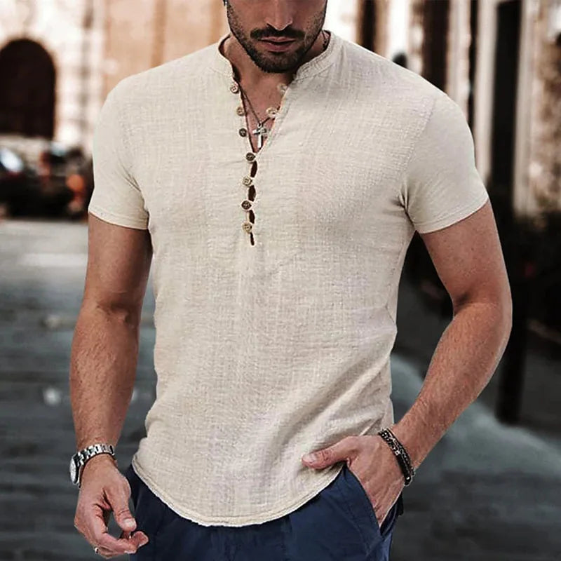 New Men's Short Sleeve Tshirt V neck button Cotton Linen Shirt Men's Casual Clothes Popular Tops for Men