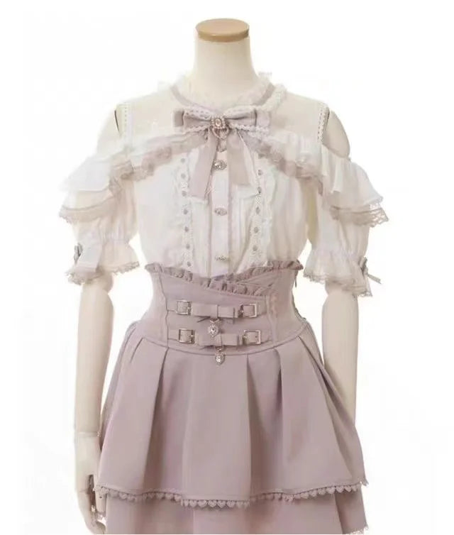 Japanese Sweet Lolita Style Mini Skirt Women Retro Elegant Lace Bandage Party Cake Skirts Female Gothic Y2k Metal Buckle Skirts