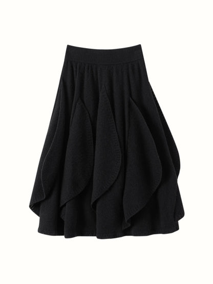 French 100% Pure Cashmere Skirt Ruffle Irregular A-line Soild Midi Sirt Autumn Winter Women Elegant Pleated  Knit Dress Fashion