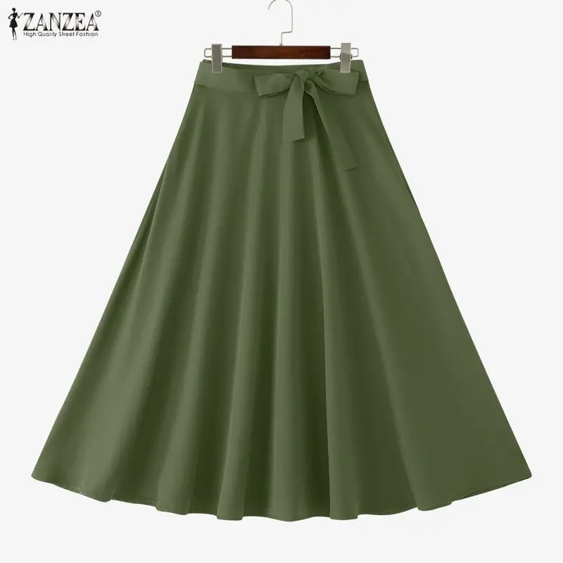 ZANZEA Elegant Maxi Skirts 2026 Women Elastic Waist Jupes Casual Faldas Saia Belted High Waist Fashion Solid Street Overskirts