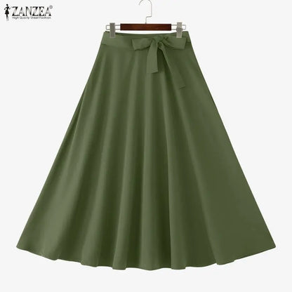 ZANZEA Elegant Maxi Skirts 2026 Women Elastic Waist Jupes Casual Faldas Saia Belted High Waist Fashion Solid Street Overskirts